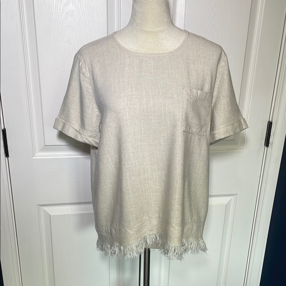 P. Cill Linen‎ Blend Lagenlook Neutral Boho Fringe Boxy Blouse Large